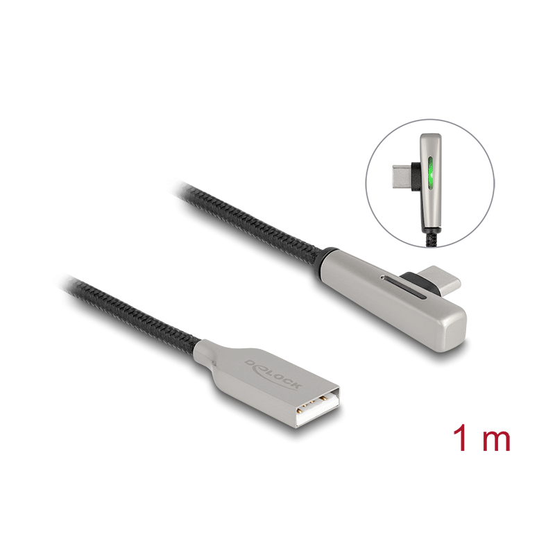 Delock USB 2.0 Kabel Typ-A Stecker zu USB Type-C™ Stecker gewinkelt mit LED und Schnellladefunktion 60 W 1 m