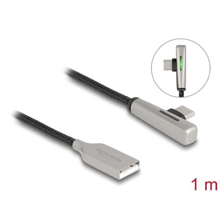 Delock USB 2.0 Kabel Typ-A Stecker zu USB Type-C™ Stecker gewinkelt mit LED und Schnellladefunktion 60 W 1 m