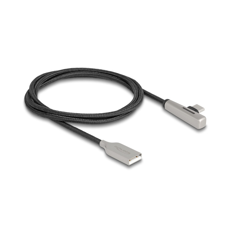 Delock USB 2.0 Kabel Typ-A Stecker zu USB Type-C™ Stecker gewinkelt mit LED und Schnellladefunktion 60 W 1 m