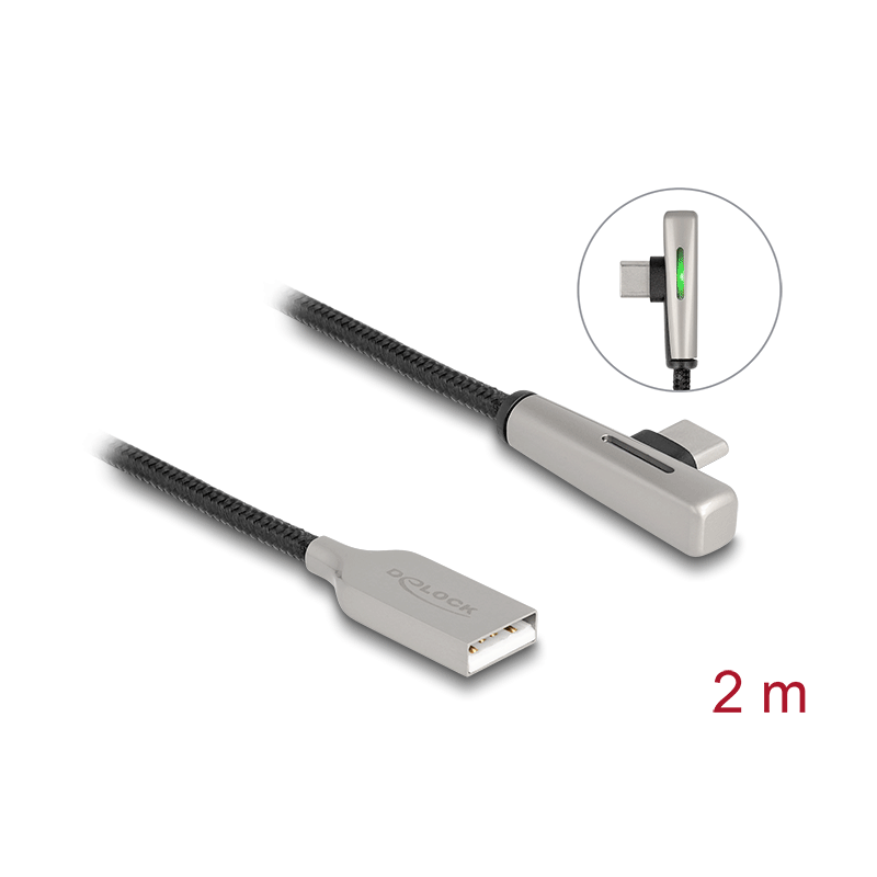 Delock USB 2.0 Kabel Typ-A Stecker zu USB Type-C™ Stecker gewinkelt mit LED und Schnellladefunktion 60 W 2 m