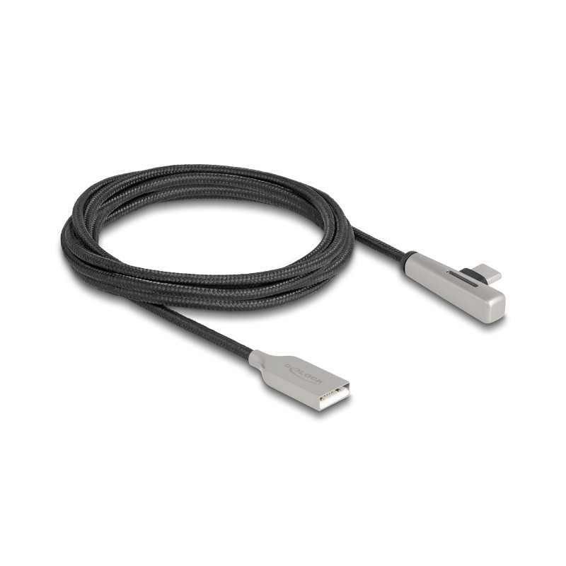 Delock USB 2.0 Kabel Typ-A Stecker zu USB Type-C™ Stecker gewinkelt mit LED und Schnellladefunktion 60 W 2 m
