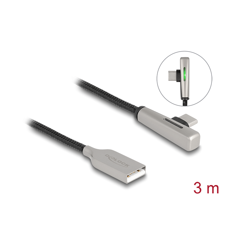 Delock USB 2.0 Kabel Typ-A Stecker zu USB Type-C™ Stecker gewinkelt mit LED und Schnellladefunktion 60 W 3 m