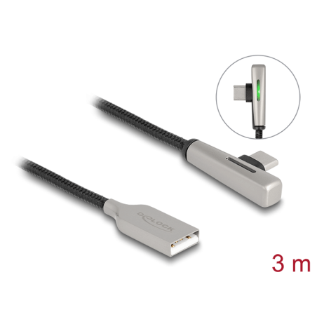 Delock USB 2.0 Kabel Typ-A Stecker zu USB Type-C™ Stecker gewinkelt mit LED und Schnellladefunktion 60 W 3 m