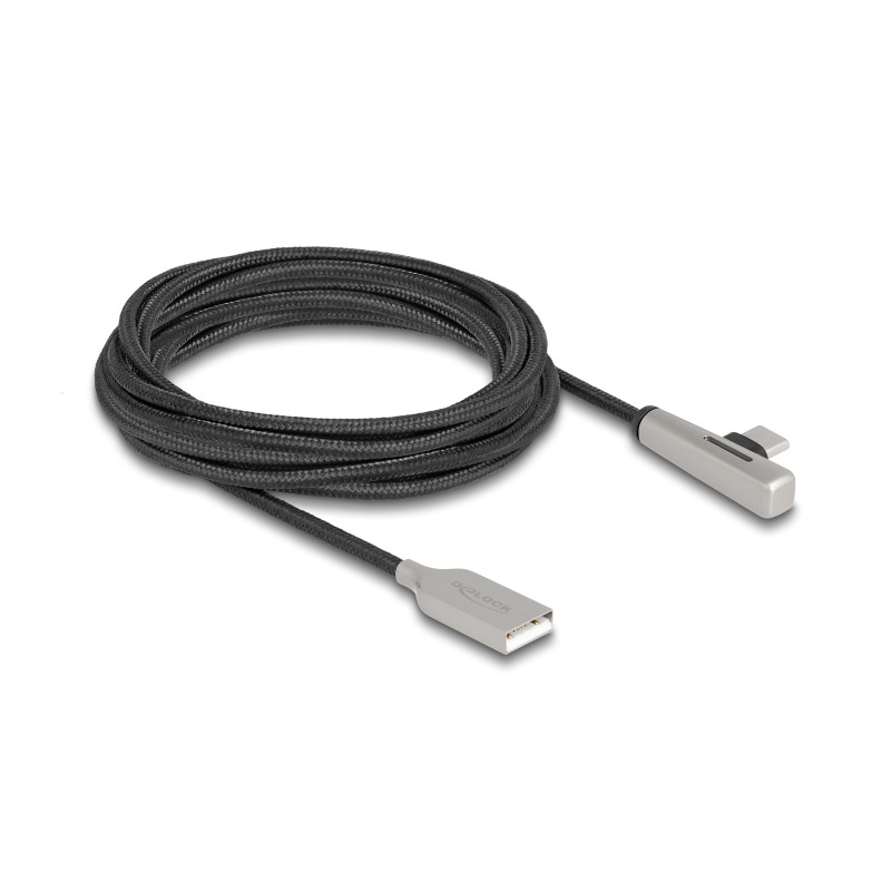 Delock USB 2.0 Kabel Typ-A Stecker zu USB Type-C™ Stecker gewinkelt mit LED und Schnellladefunktion 60 W 3 m