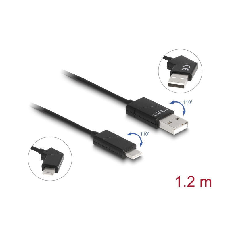 Delock USB 2.0 Kabel Typ-A Stecker zu USB Type-C™ Stecker drehbar mit Schnellladefunktion 60 W 1,2 m