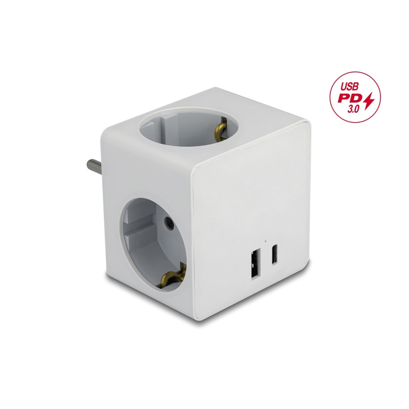 Delock Steckdosenwürfel 3-fach mit Kindersicherung und USB PD 3.0 Ladegerät 20 W weiß