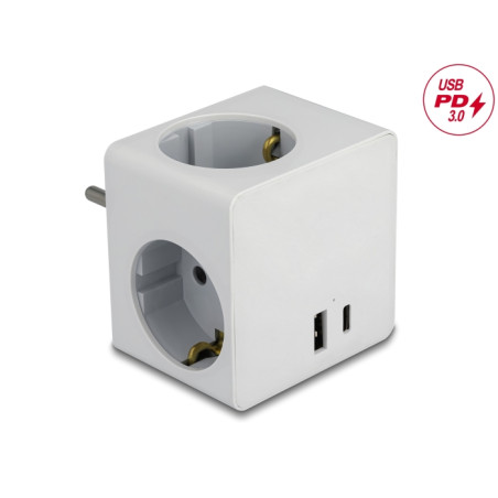 Delock Steckdosenwürfel 3-fach mit Kindersicherung und USB PD 3.0 Ladegerät 20 W weiß