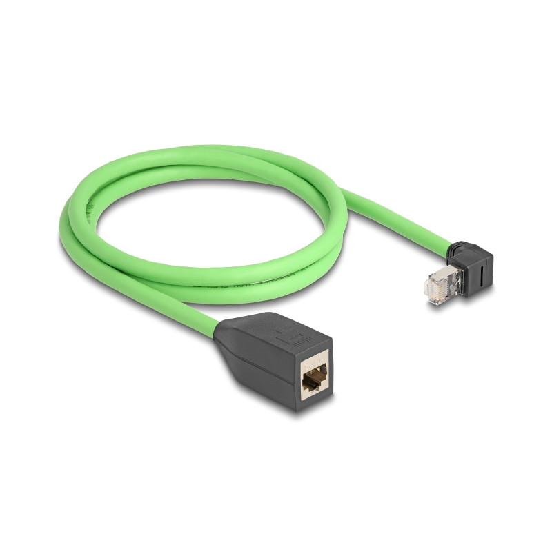 Delock RJ45 Netzwerk Verlängerungskabel Cat.6A Stecker oben gewinkelt zu Buchse SF/UTP schleppkettentauglich PUR (TPU) 1 m grün