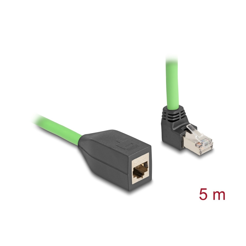 Delock RJ45 Netzwerk Verlängerungskabel Cat.6A Stecker oben gewinkelt zu Buchse SF/UTP schleppkettentauglich PUR (TPU) 5 m grün