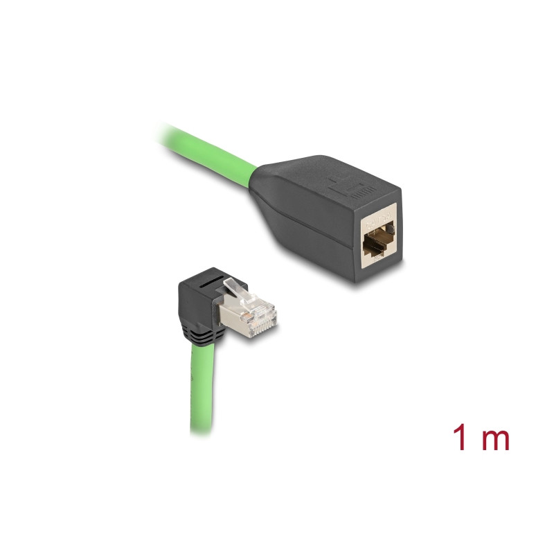Delock RJ45 Netzwerk Verlängerungskabel Cat.6A Stecker unten gewinkelt zu Buchse SF/UTP schleppkettentauglich PUR (TPU) 1 m grün