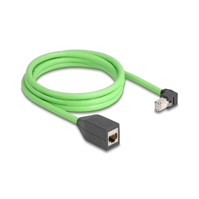 Delock RJ45 Netzwerk Verlängerungskabel Cat.6A Stecker unten gewinkelt zu Buchse SF/UTP schleppkettentauglich PUR (TPU) 2 m grün
