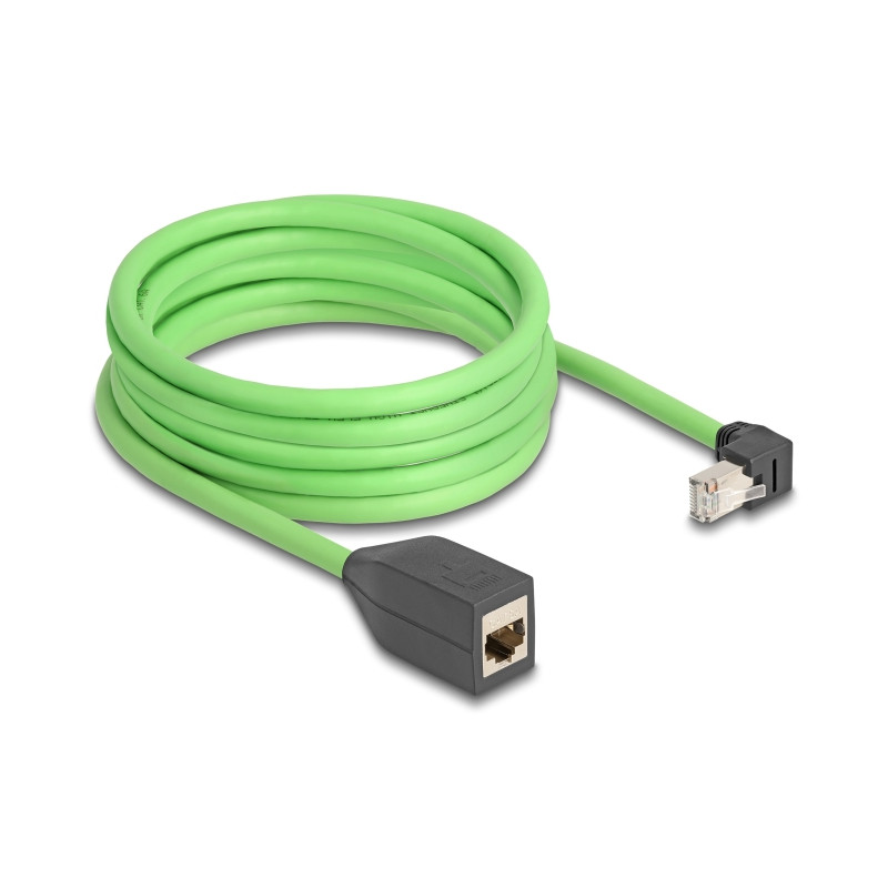 Delock RJ45 Netzwerk Verlängerungskabel Cat.6A Stecker unten gewinkelt zu Buchse SF/UTP schleppkettentauglich PUR (TPU) 5 m grün