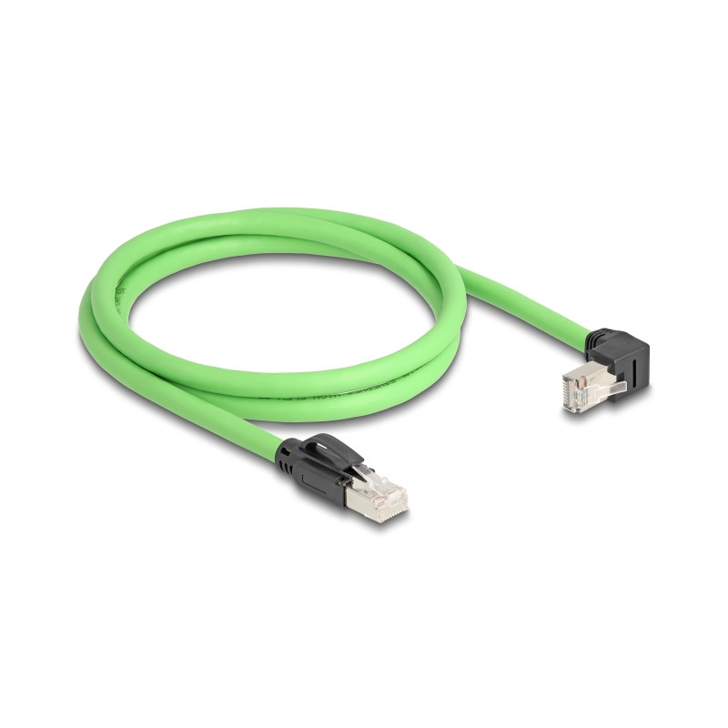 Delock RJ45 Netzwerkkabel Cat.6A Stecker zu Stecker unten gewinkelt SF/UTP schleppkettentauglich PUR (TPU) 1 m grün