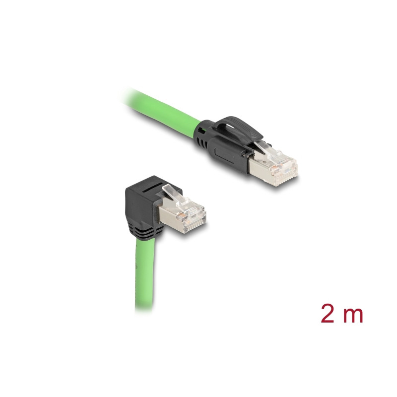 Delock RJ45 Netzwerkkabel Cat.6A Stecker zu Stecker unten gewinkelt SF/UTP schleppkettentauglich PUR (TPU) 2 m grün
