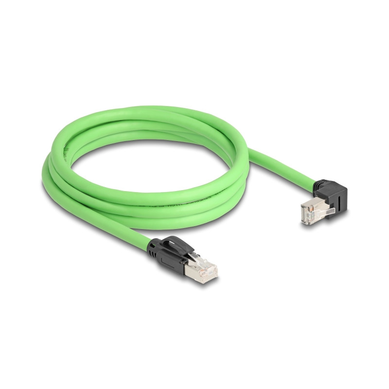 Delock RJ45 Netzwerkkabel Cat.6A Stecker zu Stecker unten gewinkelt SF/UTP schleppkettentauglich PUR (TPU) 2 m grün