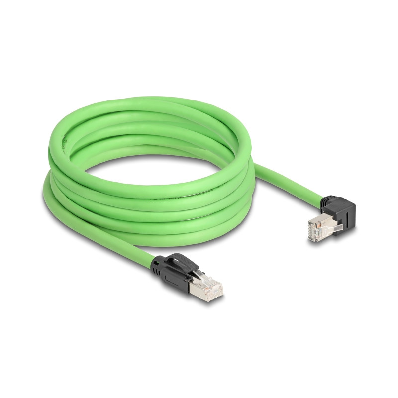 Delock RJ45 Netzwerkkabel Cat.6A Stecker zu Stecker unten gewinkelt SF/UTP schleppkettentauglich PUR (TPU) 5 m grün
