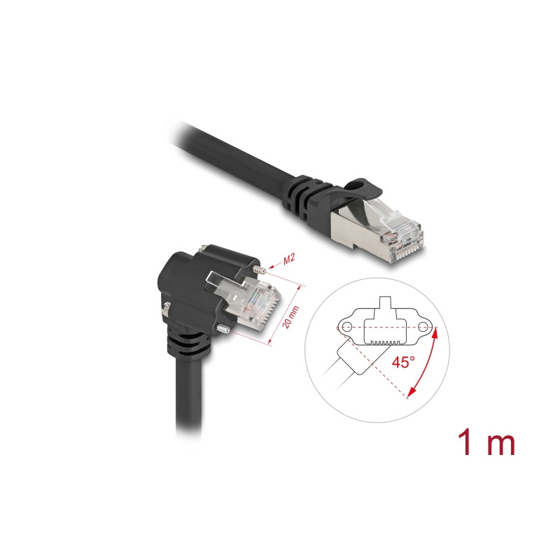 Delock GigE Kamera Kabel RJ45 Stecker 45° gedreht und 90° gewinkelt mit Schrauben zu RJ45 Stecker Cat.6 S/FTP 1 m schwarz