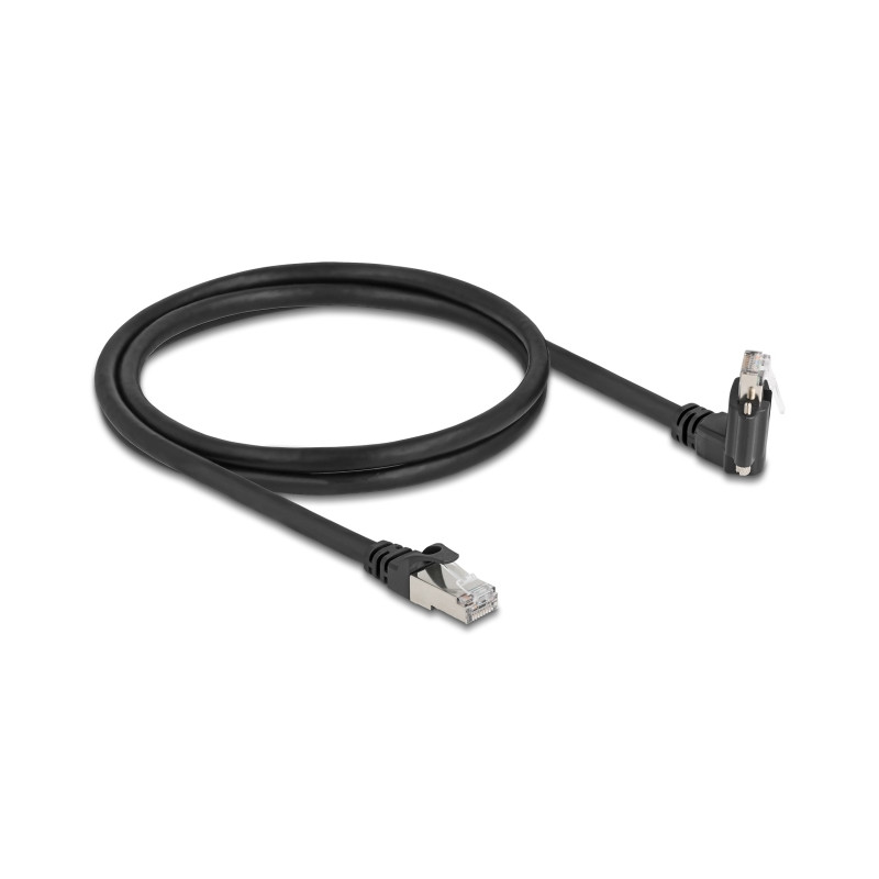 Delock GigE Kamera Kabel RJ45 Stecker 45° gedreht und 90° gewinkelt mit Schrauben zu RJ45 Stecker Cat.6 S/FTP 1 m schwarz