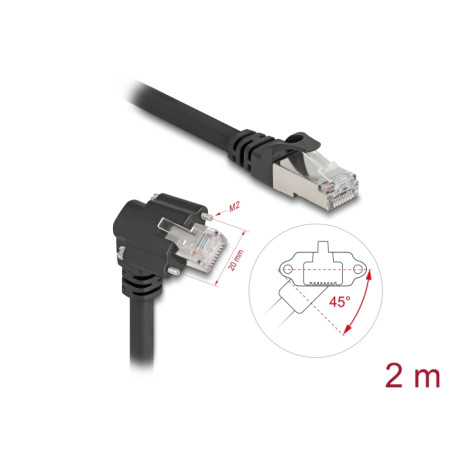 Delock GigE Kamera Kabel RJ45 Stecker 45° gedreht und 90° gewinkelt mit Schrauben zu RJ45 Stecker Cat.6 S/FTP 2 m schwarz