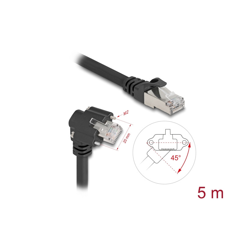 Delock GigE Kamera Kabel RJ45 Stecker 45° gedreht und 90° gewinkelt mit Schrauben zu RJ45 Stecker Cat.6 S/FTP 5 m schwarz