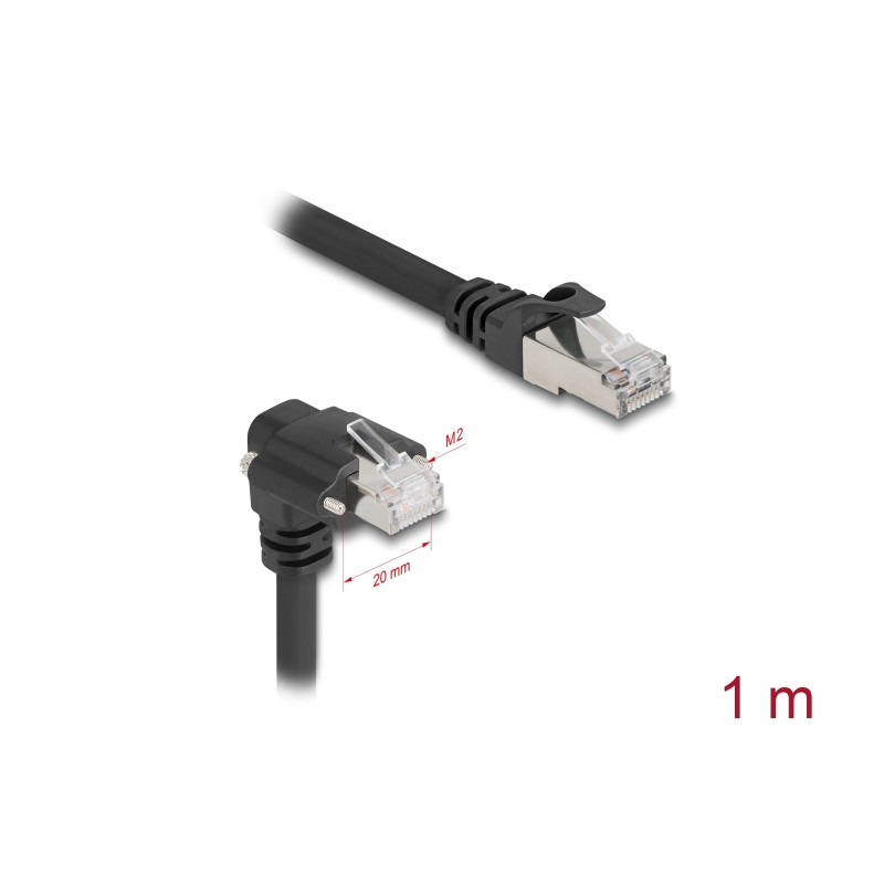 Delock GigE Kamera Kabel RJ45 Stecker 90° gewinkelt mit Schrauben zu RJ45 Stecker Cat.6 S/FTP 1 m schwarz