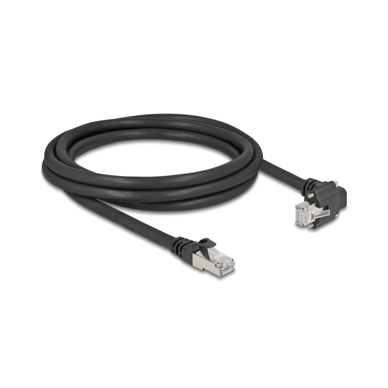 Delock GigE Kamera Kabel RJ45 Stecker 90° gewinkelt mit Schrauben zu RJ45 Stecker Cat.6 S/FTP 2 m schwarz