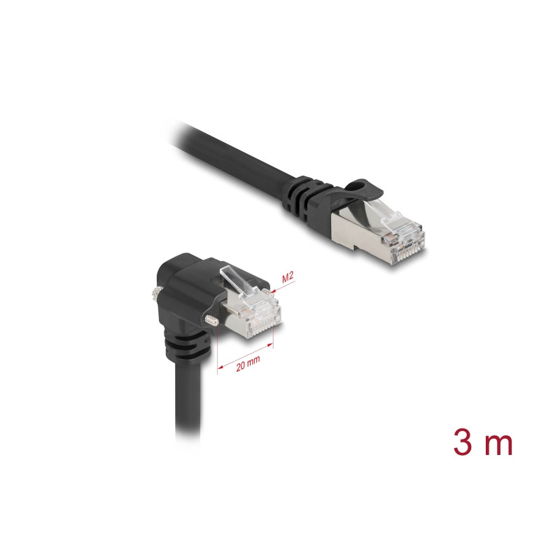 Delock GigE Kamera Kabel RJ45 Stecker 90° gewinkelt mit Schrauben zu RJ45 Stecker Cat.6 S/FTP 3 m schwarz