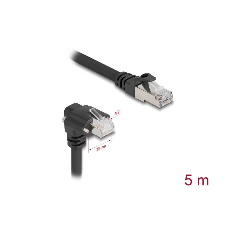 Delock GigE Kamera Kabel RJ45 Stecker 90° gewinkelt mit Schrauben zu RJ45 Stecker Cat.6 S/FTP 5 m schwarz