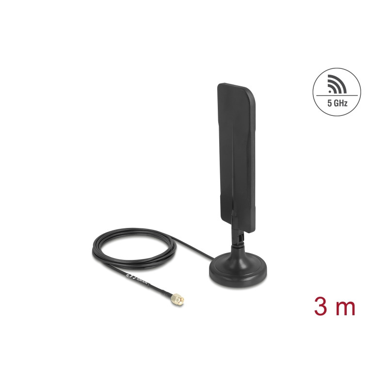 Delock WiFi 5,8 GHz Antenne RP-SMA Stecker 3 dBi omnidirektional mit Anschlusskabel RG-174 3 m mit Kippgelenk mit magnetischem S