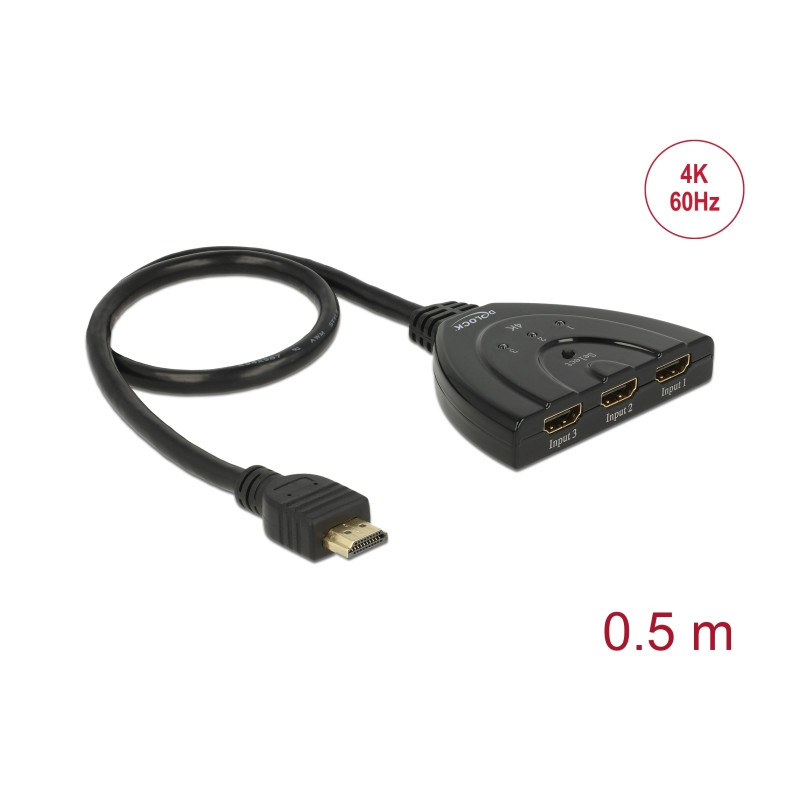 Delock HDMI UHD Switch 3 x HDMI in - 1 x HDMI out 4K 60 Hz mit integriertem Kabel 50 cm