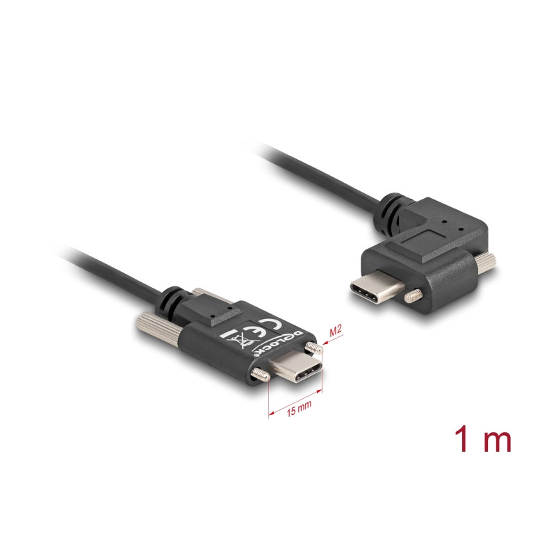 Delock USB 2.0 Kabel USB Type-C™ Stecker mit Schrauben zu USB Type-C™ Stecker mit Schrauben gewinkelt links / rechts PD 3.0 60 W