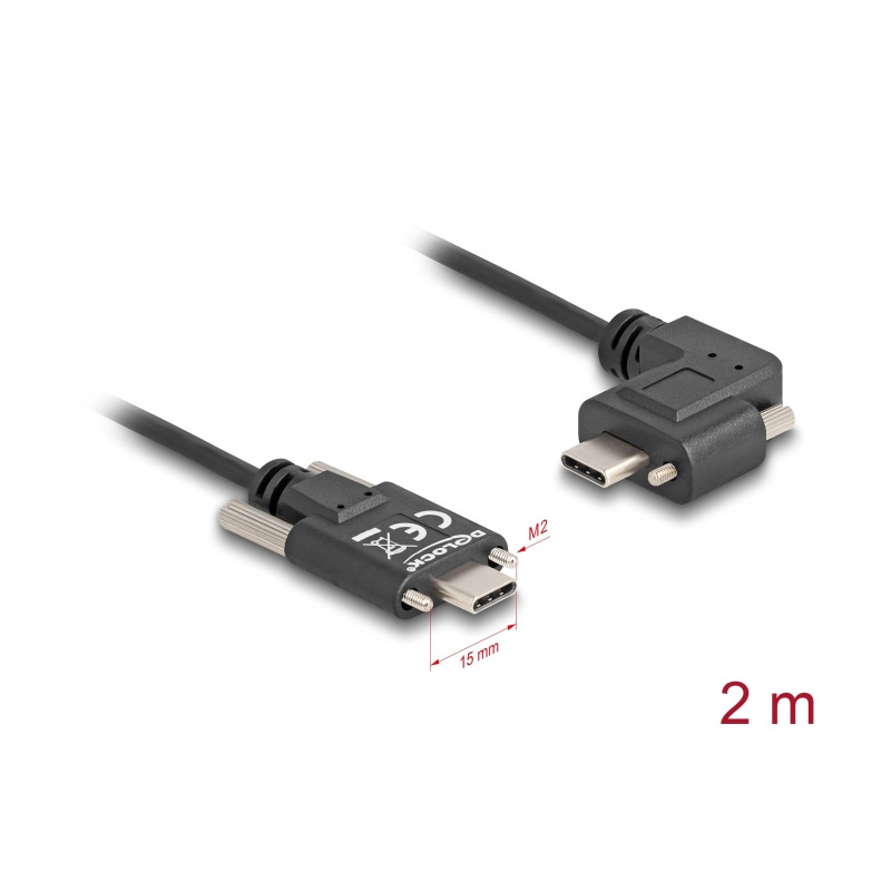 Delock USB 2.0 Kabel USB Type-C™ Stecker mit Schrauben zu USB Type-C™ Stecker mit Schrauben gewinkelt links / rechts PD 3.0 60 W