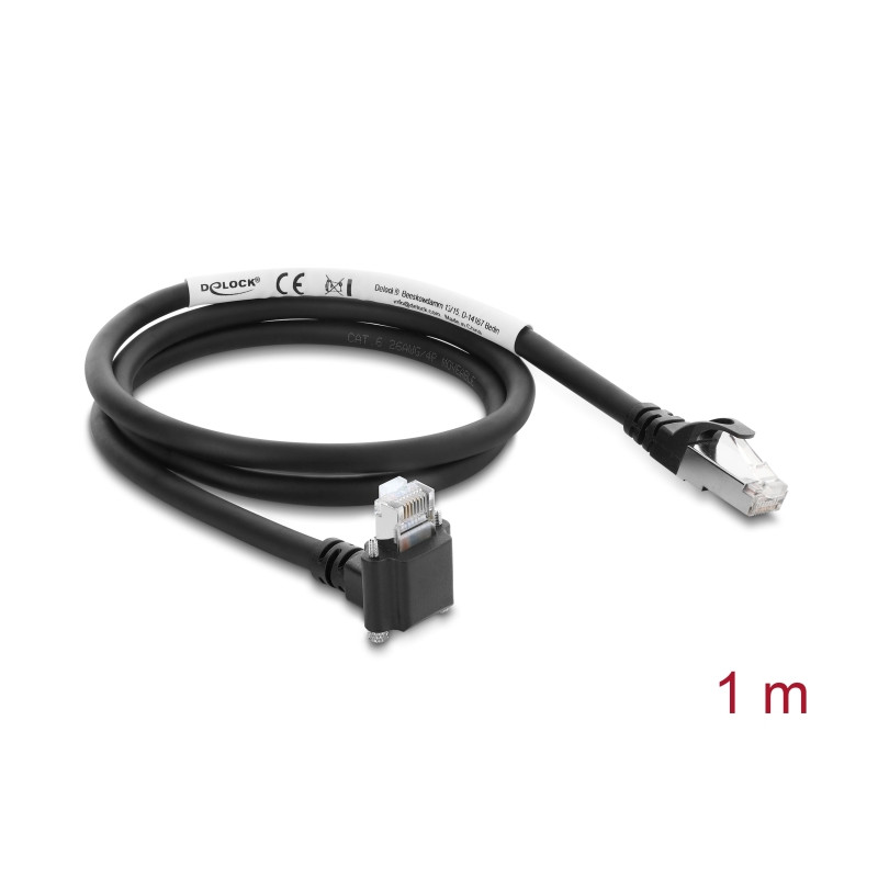 Delock GigE Kamera Kabel RJ45 Stecker 90° gewinkelt mit Schrauben, Steckerlänge 28 mm zu RJ45 Stecker Cat.6 S/FTP 1 m schwarz
