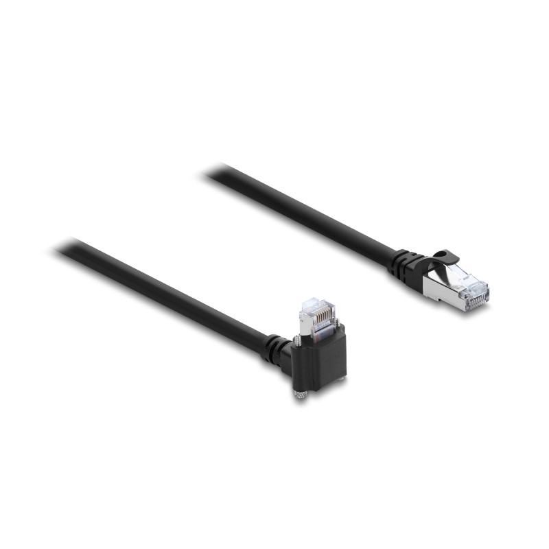 Delock GigE Kamera Kabel RJ45 Stecker 90° gewinkelt mit Schrauben, Steckerlänge 28 mm zu RJ45 Stecker Cat.6 S/FTP 1 m schwarz