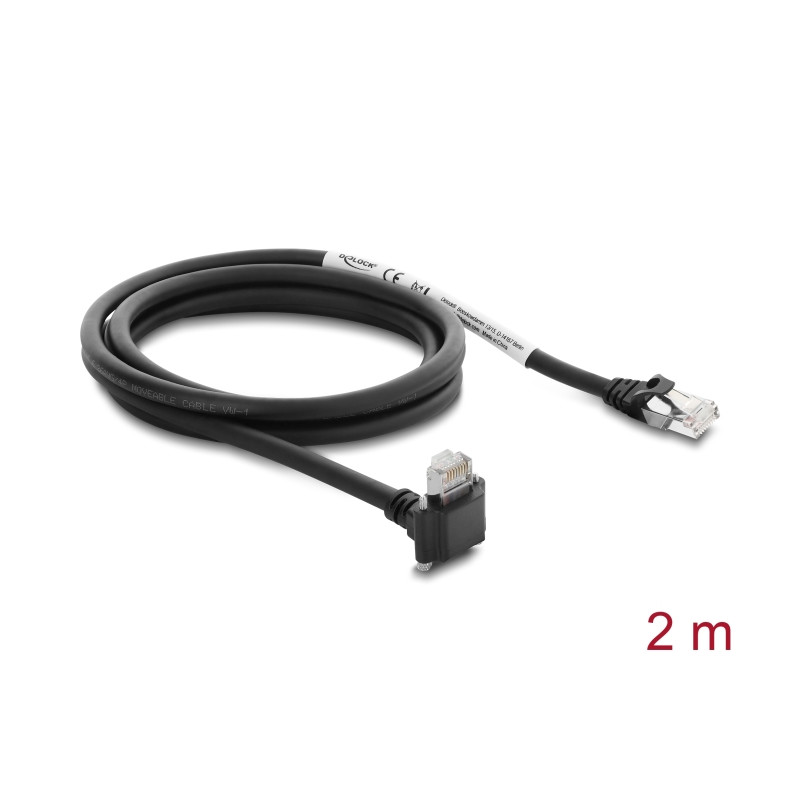 Delock GigE Kamera Kabel RJ45 Stecker 90° gewinkelt mit Schrauben, Steckerlänge 28 mm zu RJ45 Stecker Cat.6 S/FTP 2 m schwarz