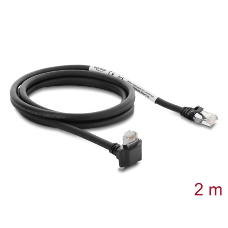 Delock GigE Kamera Kabel RJ45 Stecker 90° gewinkelt mit Schrauben, Steckerlänge 28 mm zu RJ45 Stecker Cat.6 S/FTP 2 m schwarz