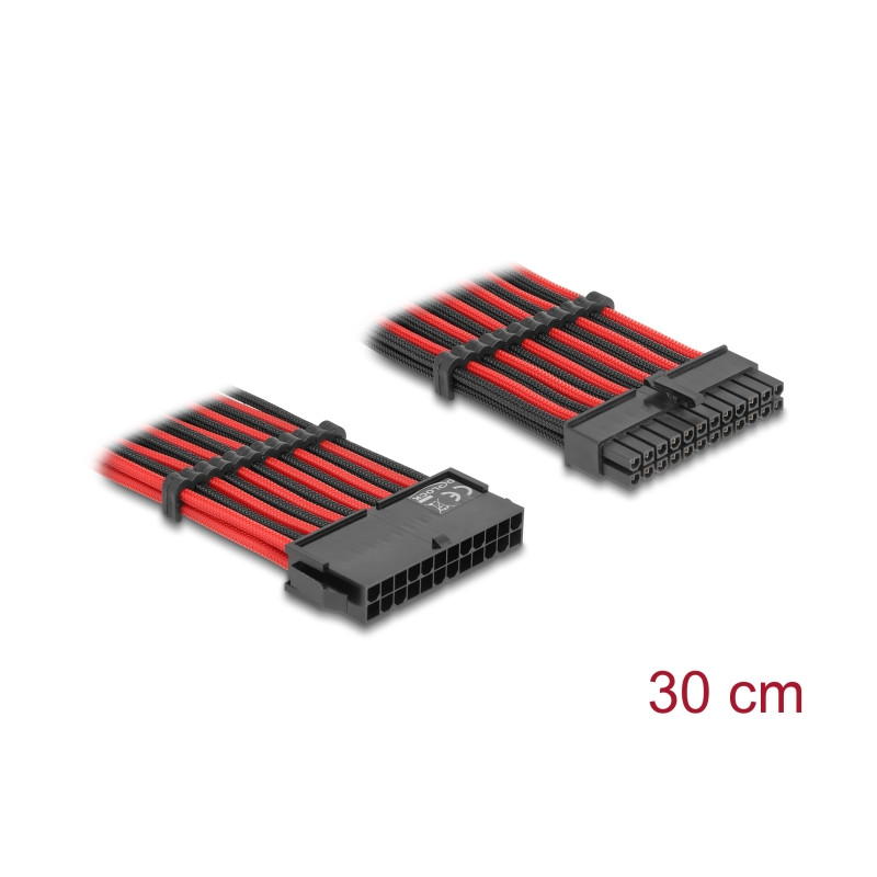 Delock Verlängerungskabel 24 Pin ATX Stecker zu 24 Pin ATX Buchse Textilummantelung rot-schwarz 30 cm