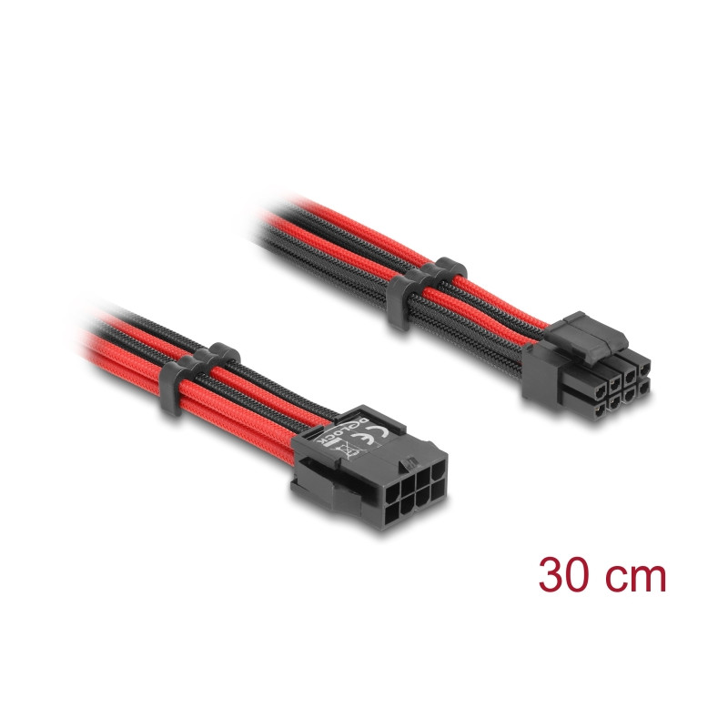 Delock Verlängerungskabel 8 Pin EPS Stecker zu 4 + 4 Pin EPS Buchse Textilummantelung rot-schwarz 30 cm