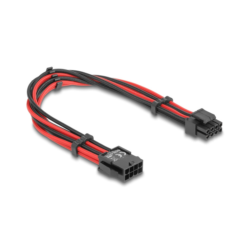 Delock Verlängerungskabel 8 Pin EPS Stecker zu 4 + 4 Pin EPS Buchse Textilummantelung rot-schwarz 30 cm