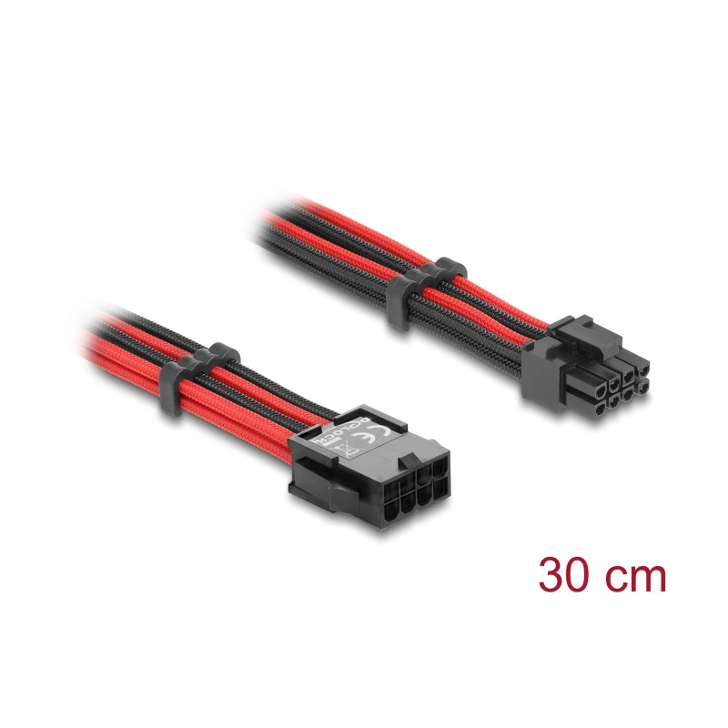 Delock Verlängerungskabel 8 Pin Stecker zu 6 + 2 Pin PCIe Buchse Textilummantelung rot-schwarz 30 cm