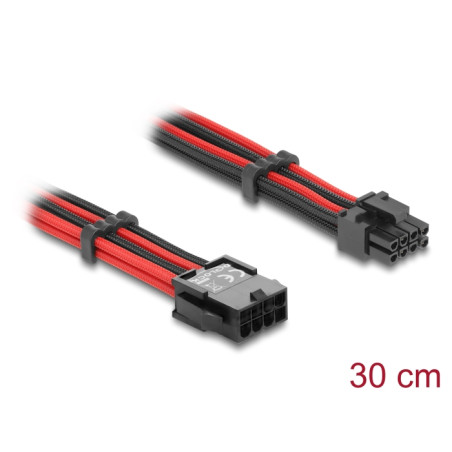 Delock Verlängerungskabel 8 Pin Stecker zu 6 + 2 Pin PCIe Buchse Textilummantelung rot-schwarz 30 cm