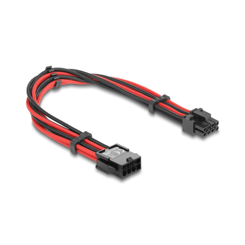 Delock Verlängerungskabel 8 Pin Stecker zu 6 + 2 Pin PCIe Buchse Textilummantelung rot-schwarz 30 cm