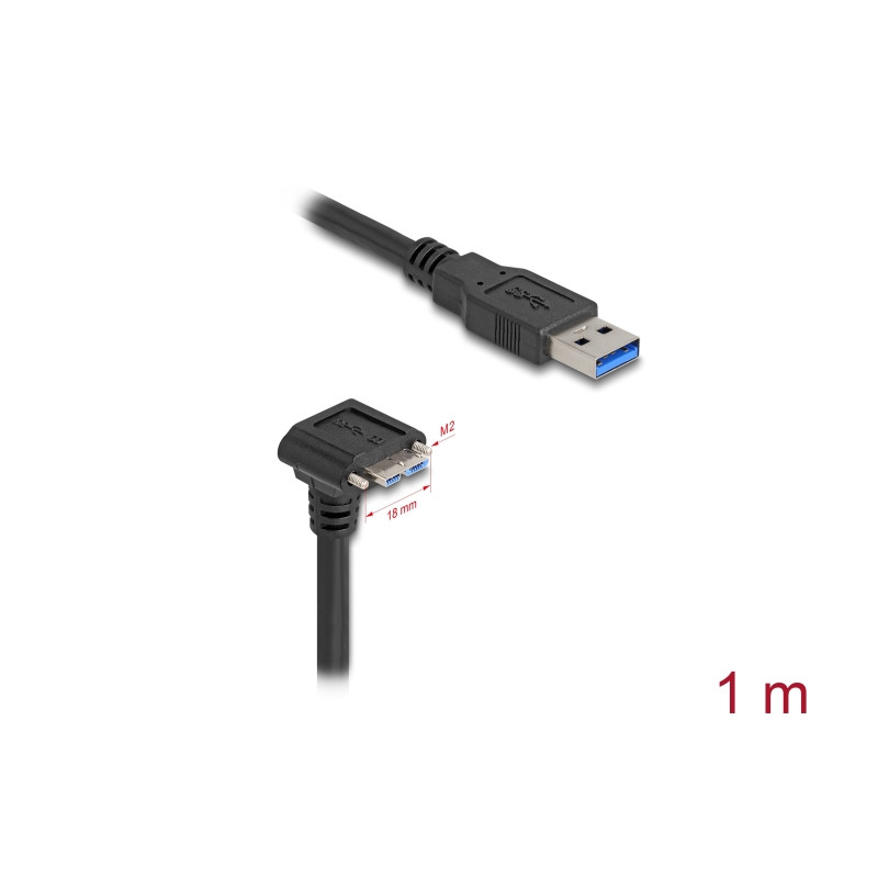 Delock USB 5 Gbps Kabel USB Typ-A Stecker gerade zu USB Micro-B Stecker 90° nach unten gewinkelt mit Schraubenabstand 18 mm 1 m 