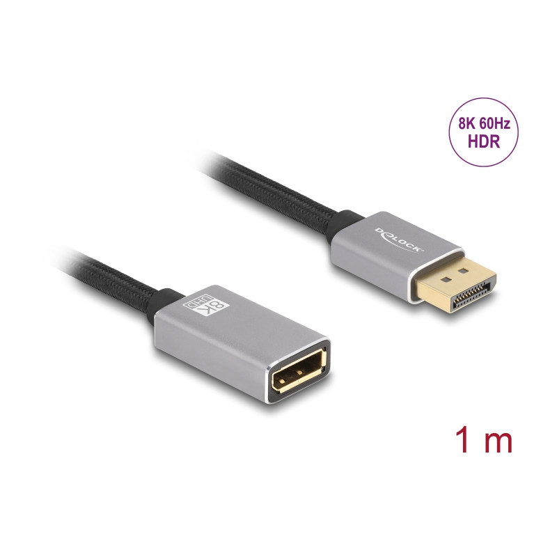 Delock DisplayPort Verlängerungskabel 8K 60 Hz 1 m grau Metall ohne Einrastfunktion