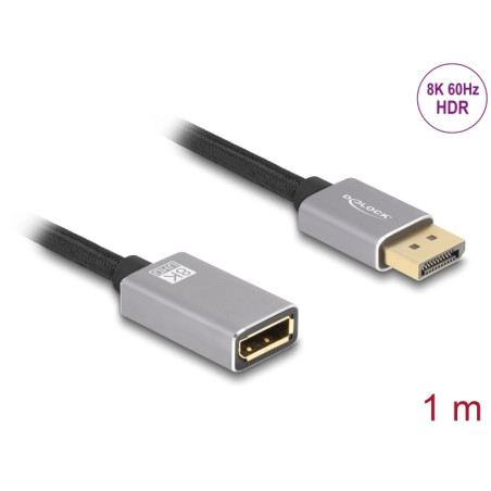 Delock DisplayPort Verlängerungskabel 8K 60 Hz 1 m grau Metall ohne Einrastfunktion