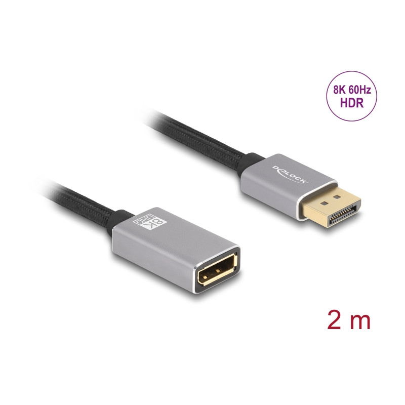 Delock DisplayPort Verlängerungskabel 8K 60 Hz 2 m grau Metall ohne Einrastfunktion