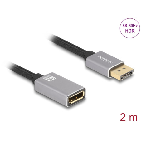 Delock DisplayPort Verlängerungskabel 8K 60 Hz 2 m grau Metall ohne Einrastfunktion