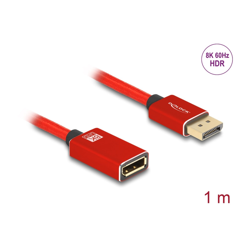 Delock DisplayPort Verlängerungskabel 8K 60 Hz 1 m rot Metall ohne Einrastfunktion