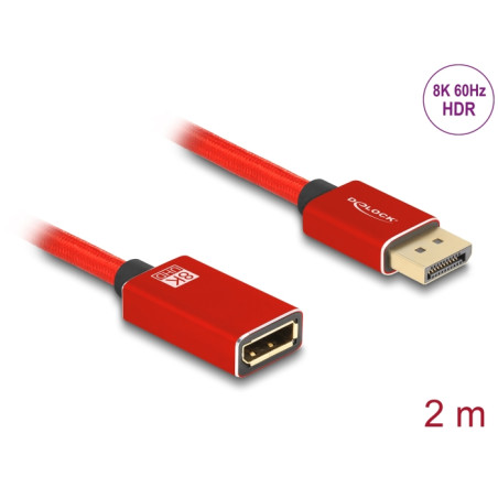 Delock DisplayPort Verlängerungskabel 8K 60 Hz 2 m rot Metall ohne Einrastfunktion