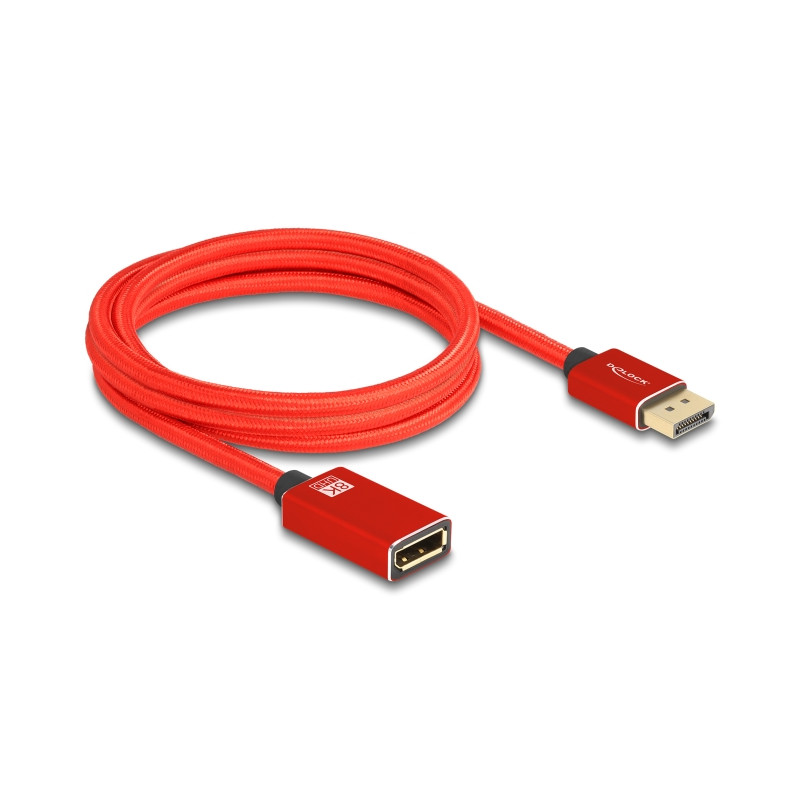 Delock DisplayPort Verlängerungskabel 8K 60 Hz 2 m rot Metall ohne Einrastfunktion